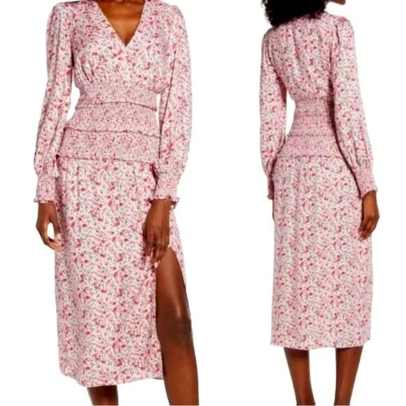AFRM Dresses & Skirts - AFRM Hazel Smocked Floral Long Sleeve Midi Dress In Baby Pink Ditsy Size M NWT